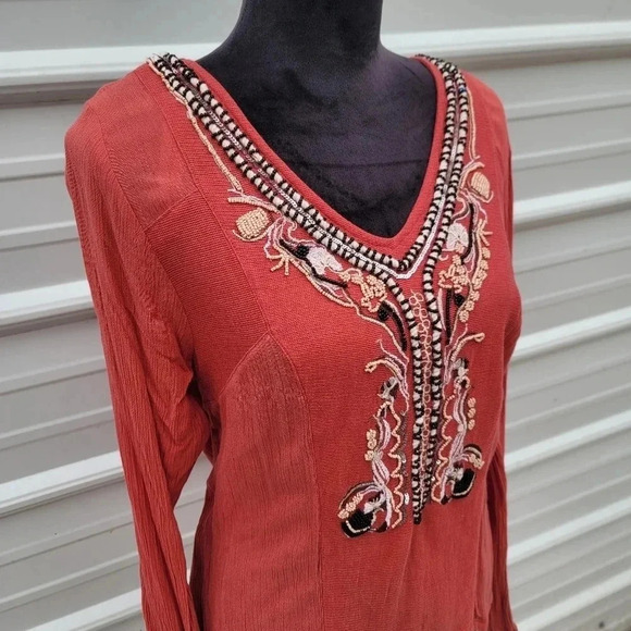 Sixes & Sevens Coral Orange Pink Beaded Embroidered Blouse Viscose Top V-Neck M - Picture 6 of 10